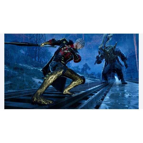 Action scene from Code Vein II featuring a character battling a monstrous enemy in a rainy, dark env.