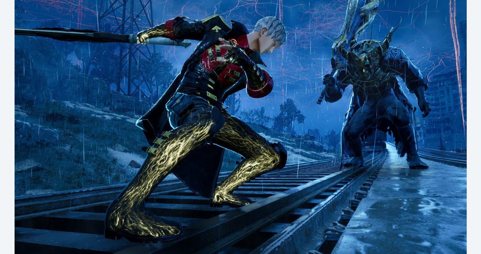 Action scene from Code Vein II featuring a character battling a monstrous enemy in a rainy, dark env.