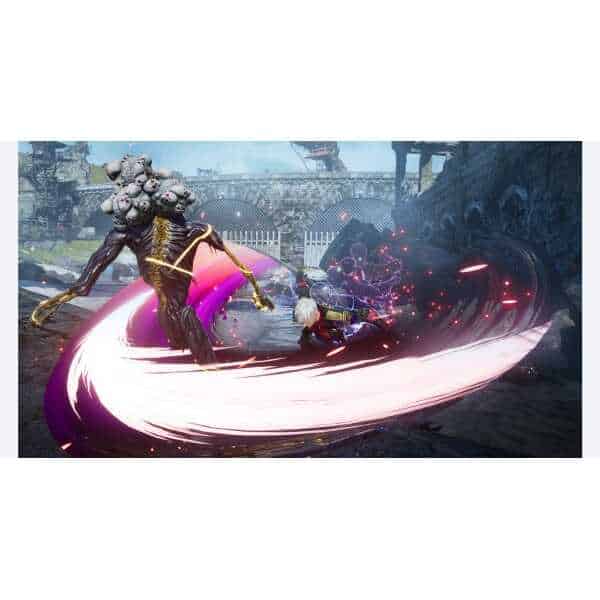 Intense battle scene from Code Vein II with a monstrous enemy and a hero wielding a glowing weapon.