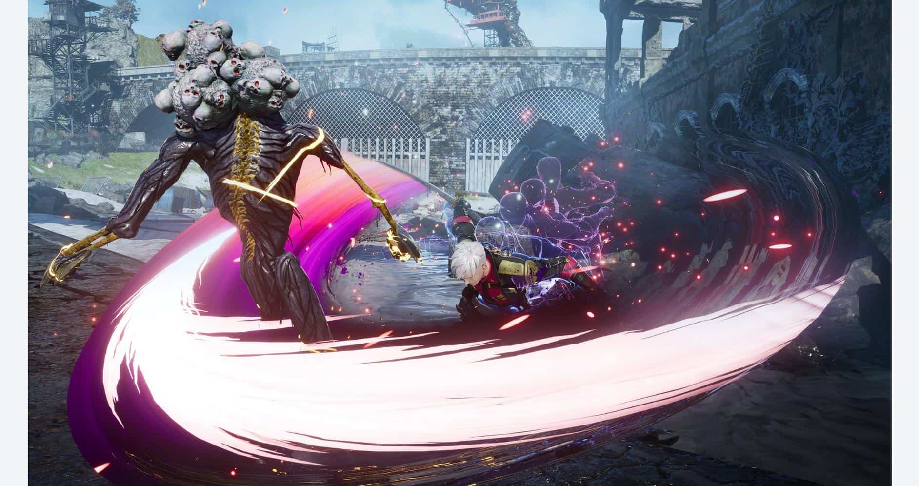 Intense battle scene from Code Vein II with a monstrous enemy and a hero wielding a glowing weapon.