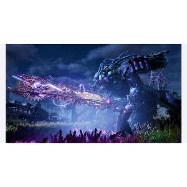 Fierce monster from Code Vein II wielding glowing weapon in dark landscape.