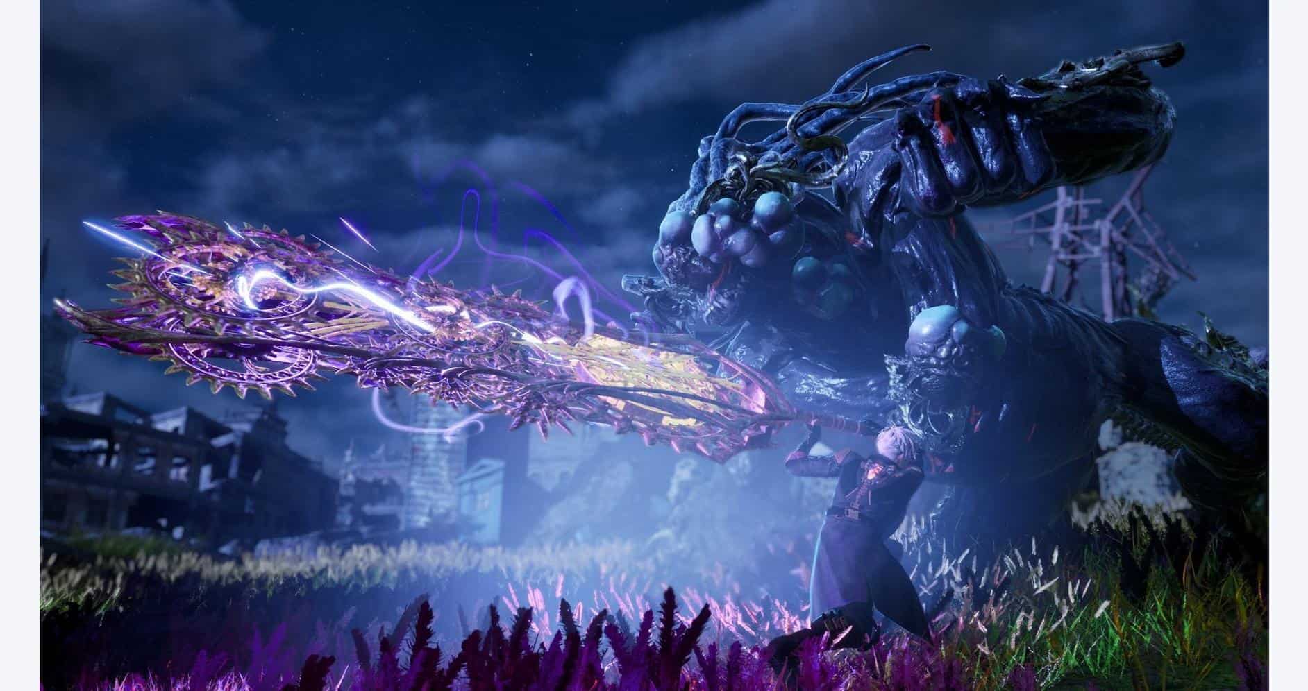 Fierce monster from Code Vein II wielding glowing weapon in dark landscape.