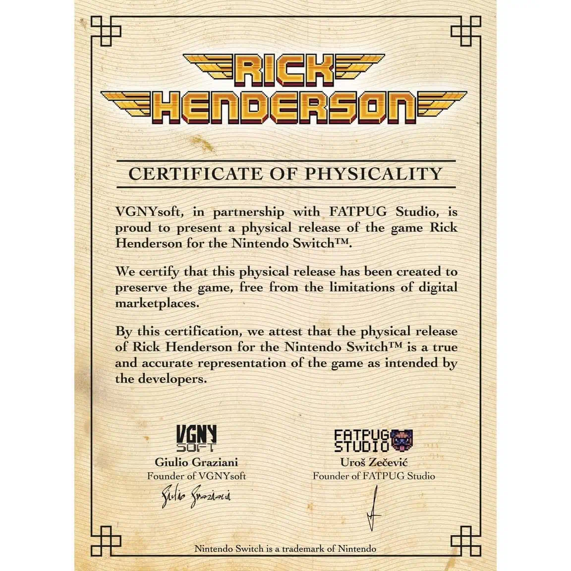 Rick Henderson physical game certificate for Nintendo Switch.
