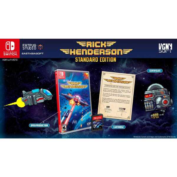 Rick Henderson game cover with spaceship and accessories, vibrant space background.
