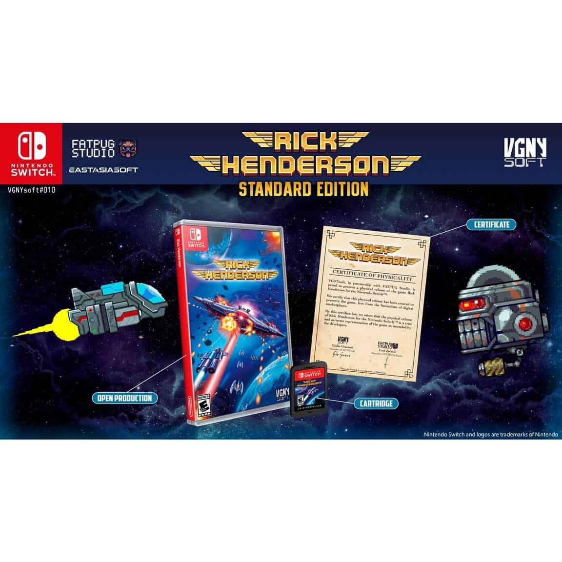 Rick Henderson game cover with spaceship and accessories, vibrant space background.