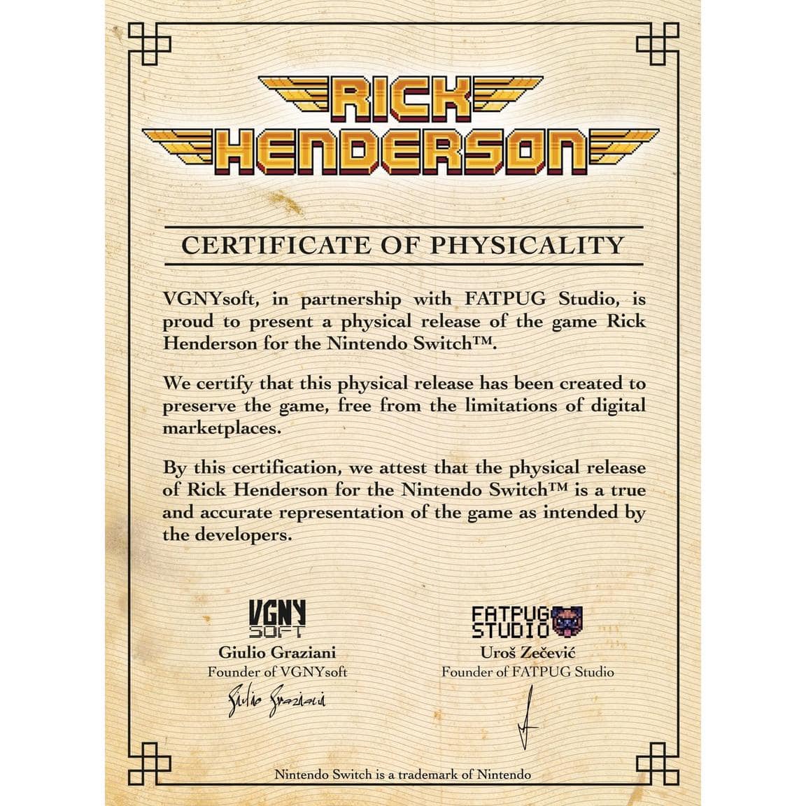Official Rick Henderson physical game release certificate for Nintendo Switch.
