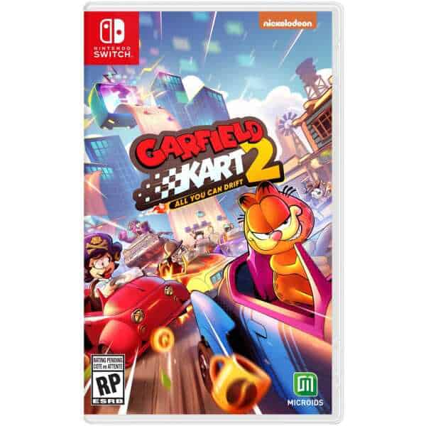Garfield Kart 2 Nintendo Switch game cover with Garfield racing in colorful cityscape.