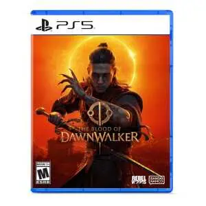 PS5 game cover for The Blood of Dawnwalker with warrior character and sunset background.