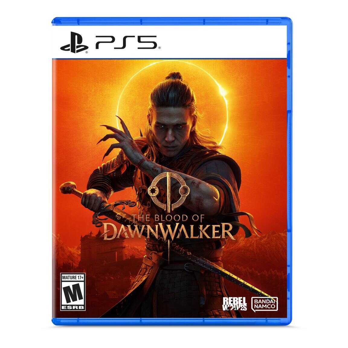 PS5 game cover for The Blood of Dawnwalker with warrior character and sunset background.