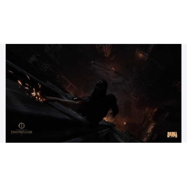Dark scene from Dawnwalker game with a shadowy figure on a rooftop.