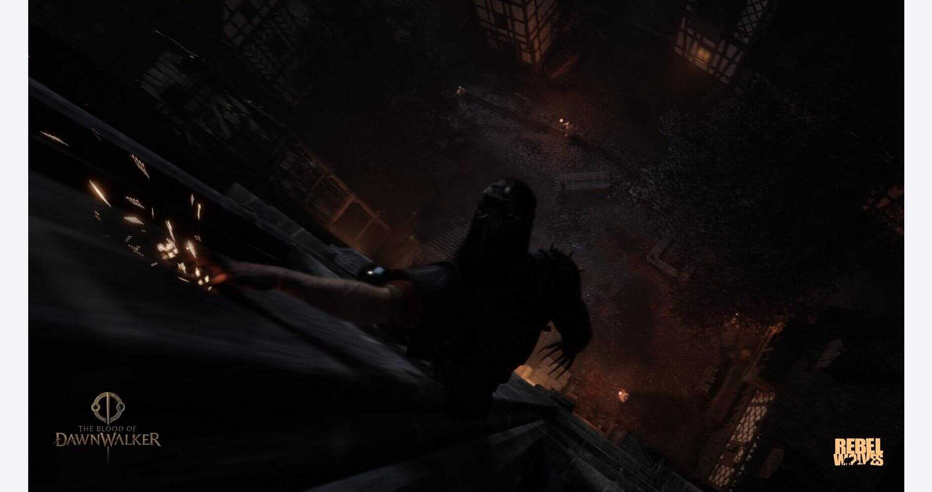Dark scene from Dawnwalker game with a shadowy figure on a rooftop.