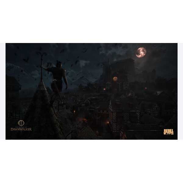 Dark night scene with a figure overlooking a medieval town under a full moon.