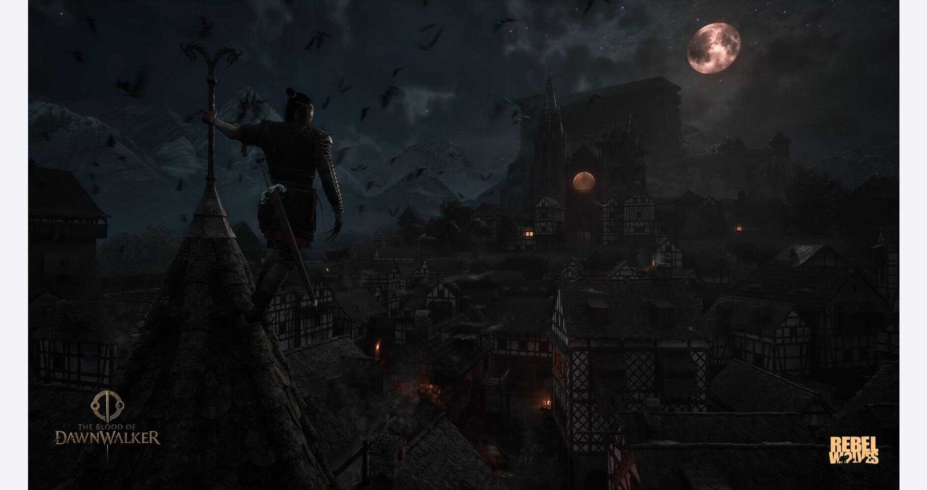 Dark night scene with a figure overlooking a medieval town under a full moon.