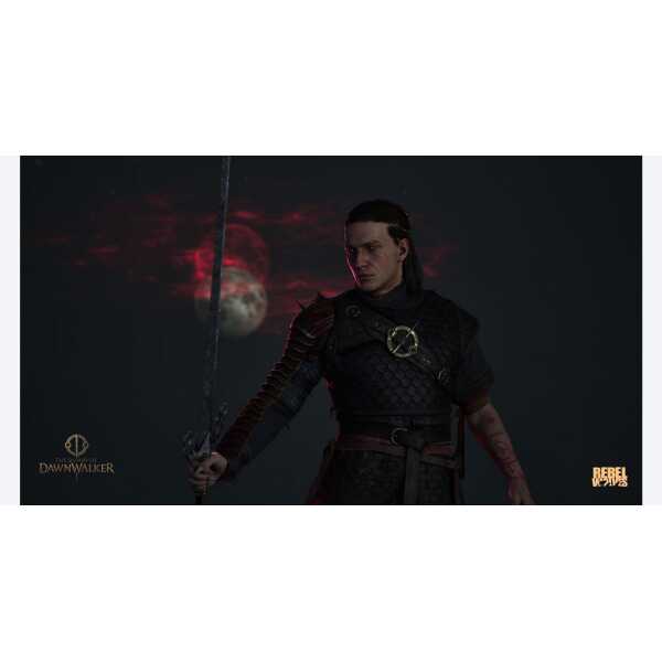 Character from Dawnwalker with sword and dark background.