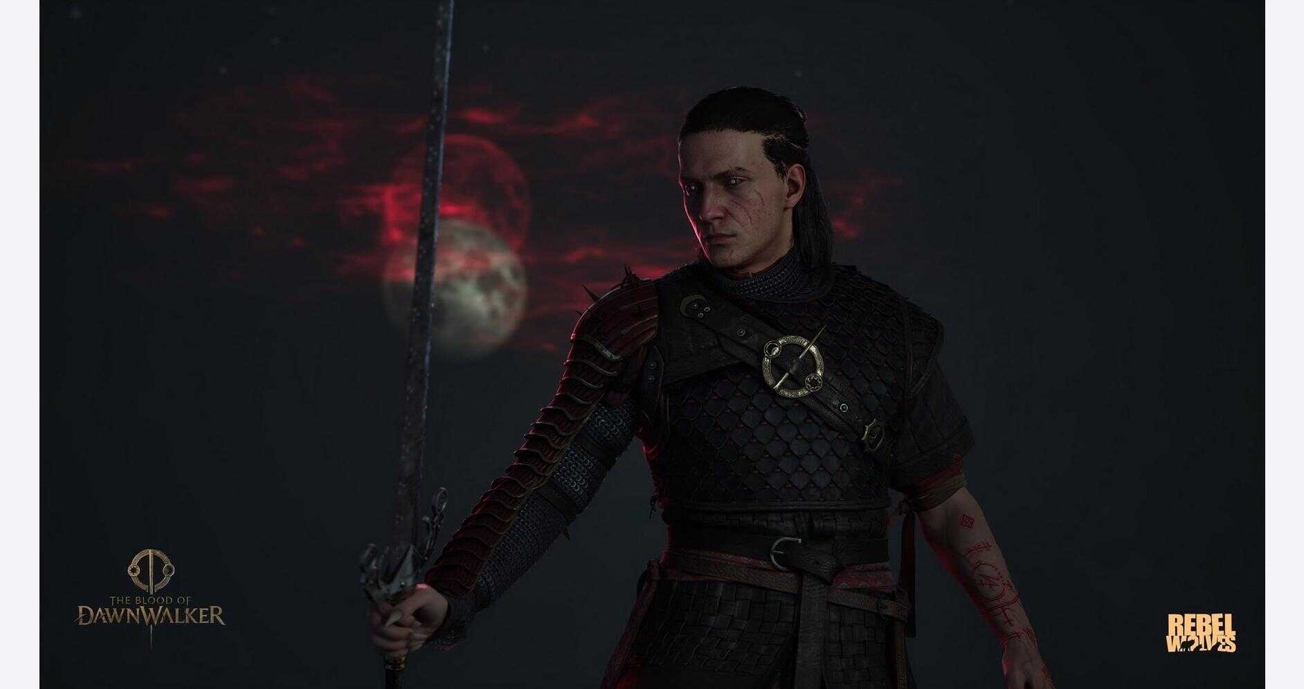 Character from Dawnwalker with sword and dark background.