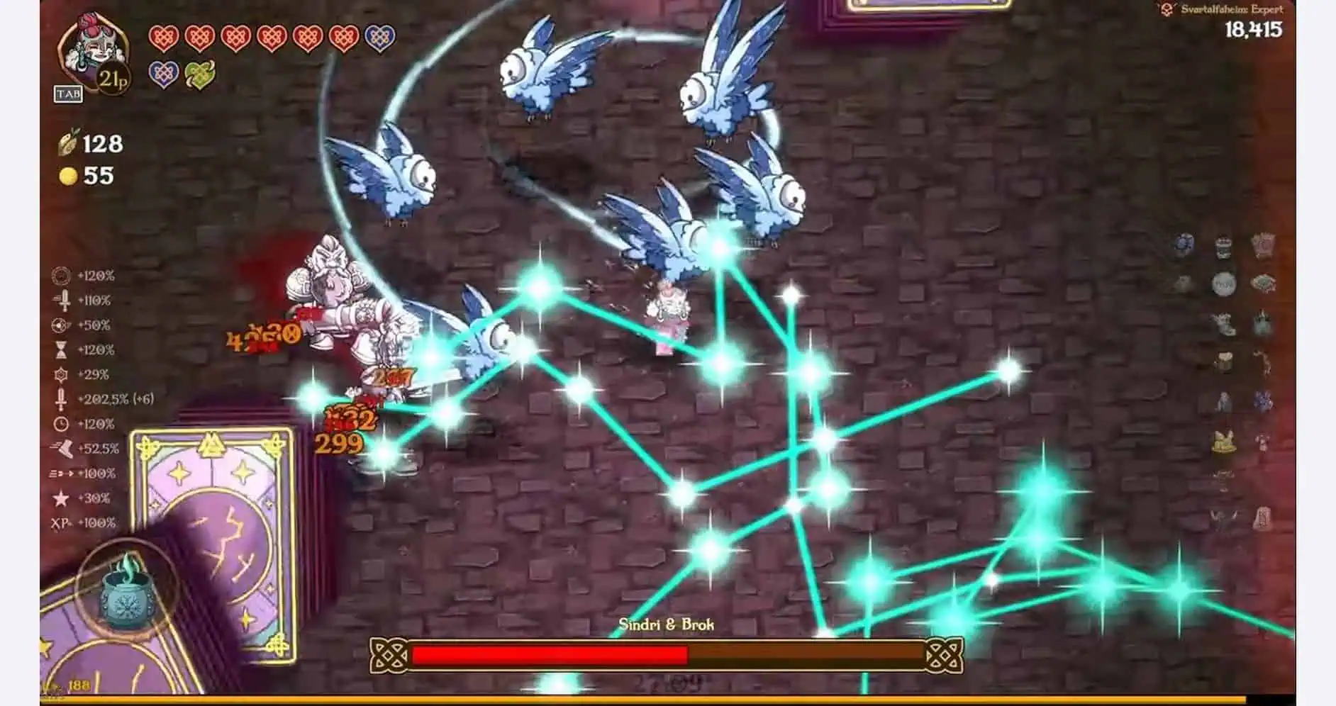 Nordic Ashes game scene with magical creatures and spell connections.