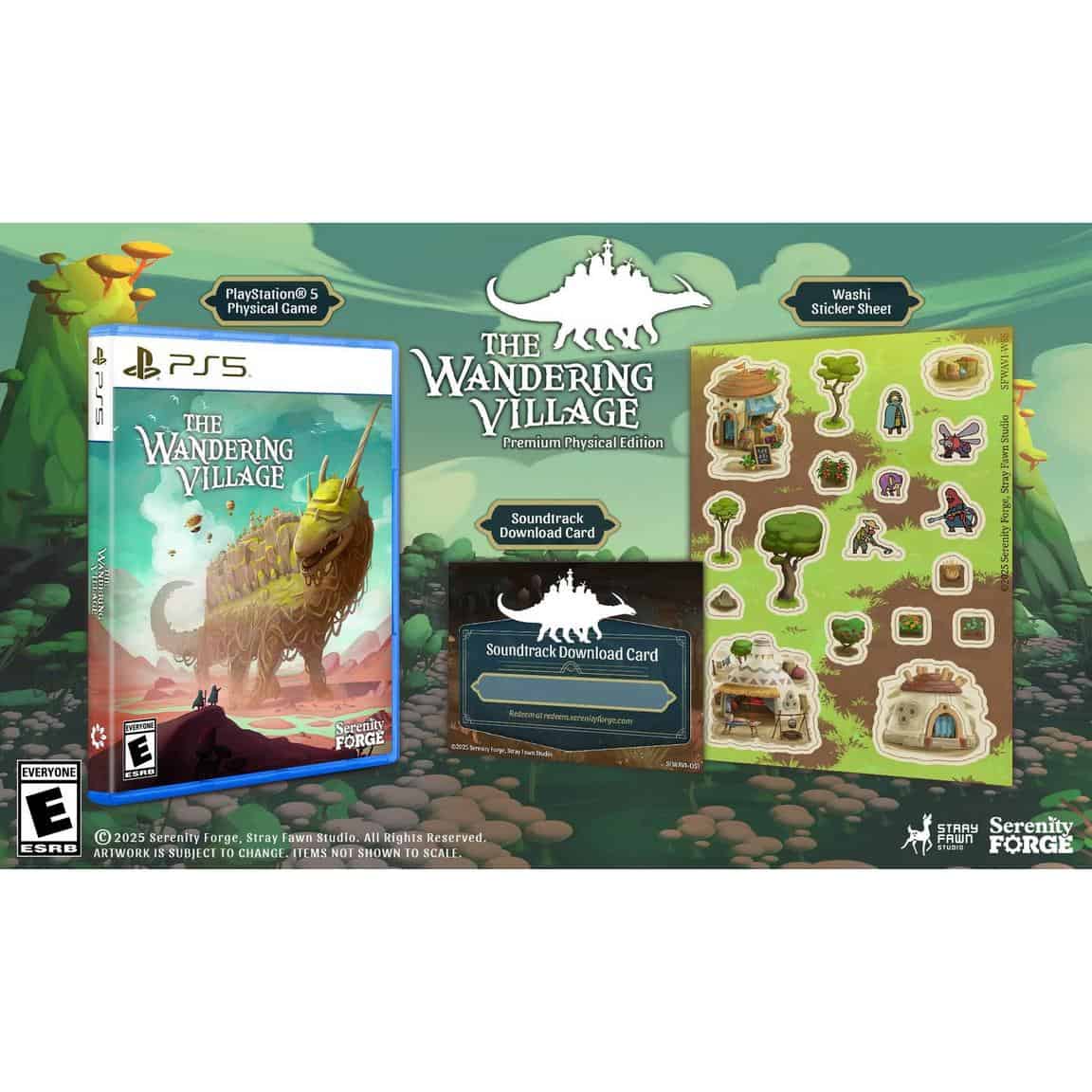 The Wandering Village physical game with stickers and soundtrack cards.