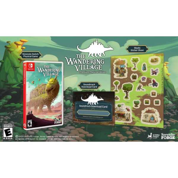The Wandering Village physical game set with stickers and soundtrack cards.