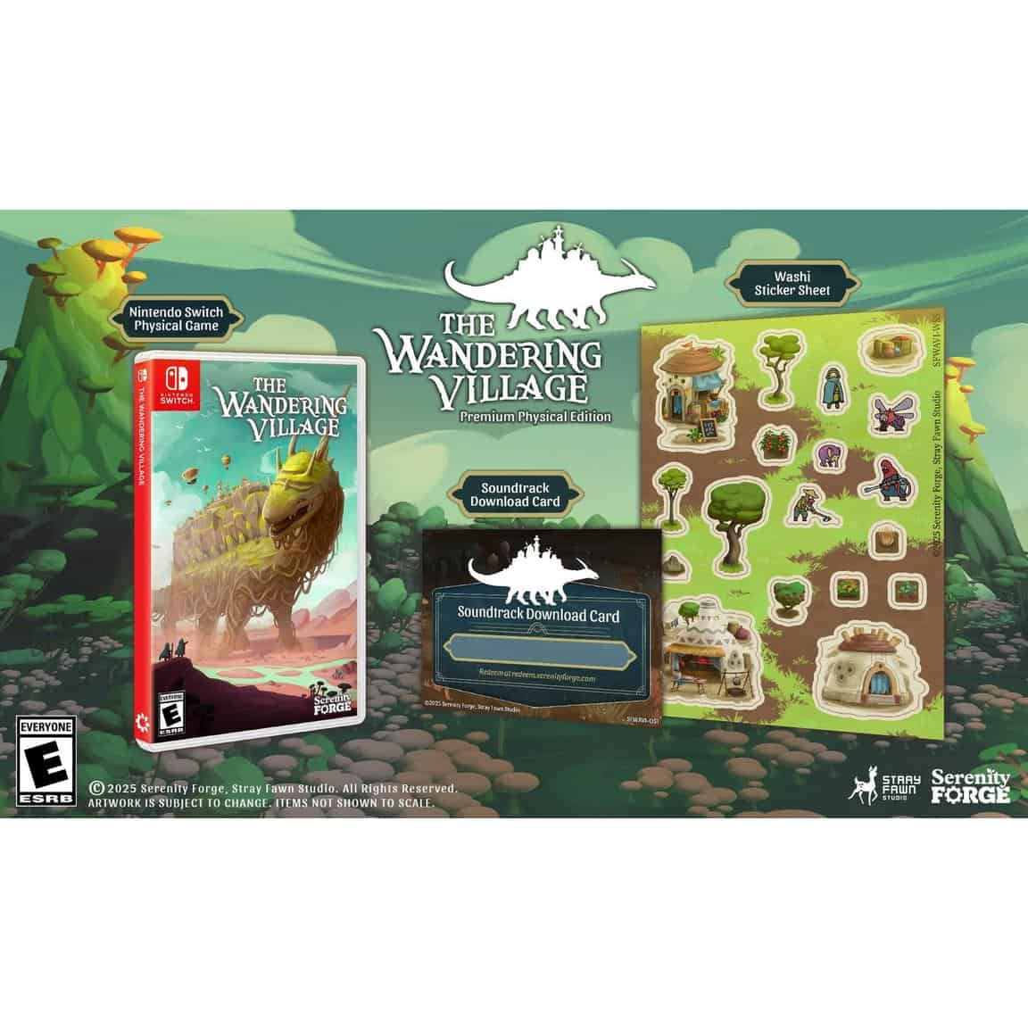 The Wandering Village physical game set with stickers and soundtrack cards.