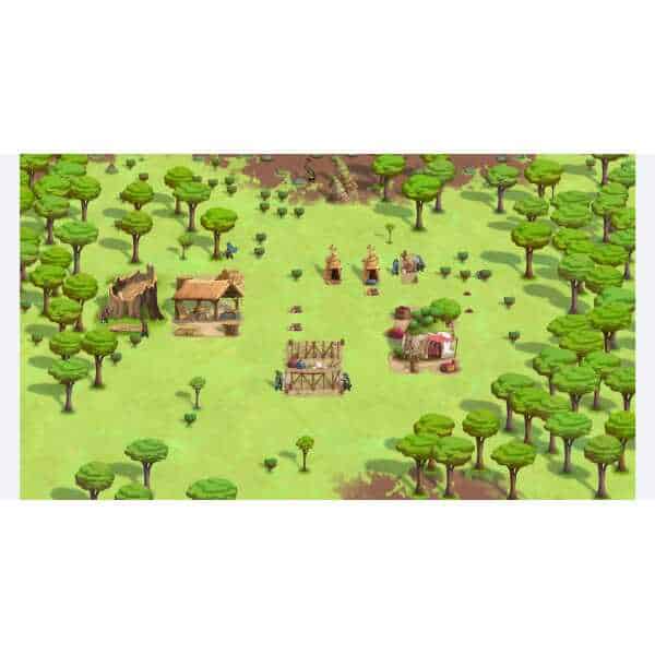 Vibrant game scene from The Wandering Village showing lush forest and village structures.