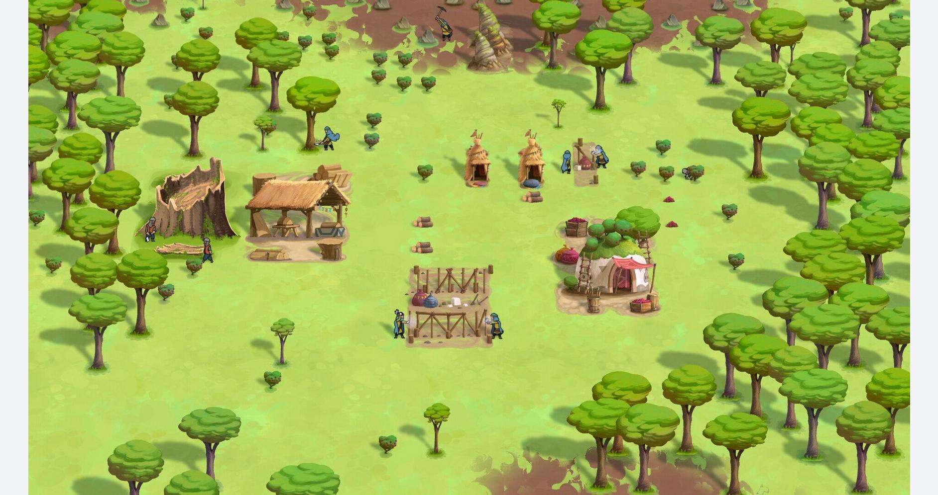 Vibrant game scene from The Wandering Village showing lush forest and village structures.