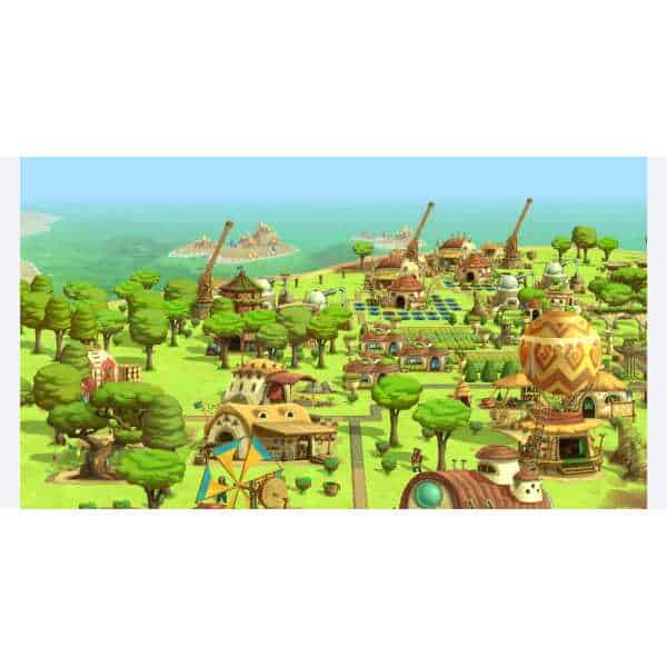 Vibrant village scene from The Wandering Village game with lush greenery and unique architecture.