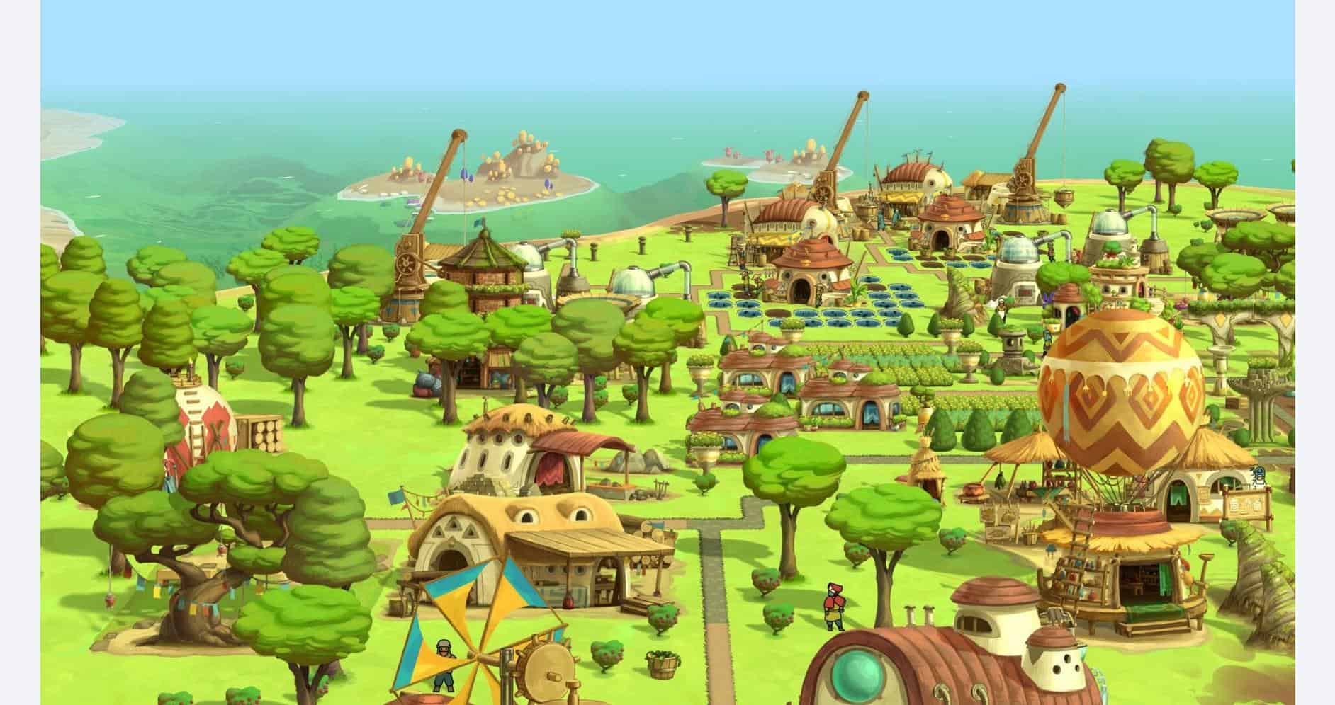 Vibrant village scene from The Wandering Village game with lush greenery and unique architecture.