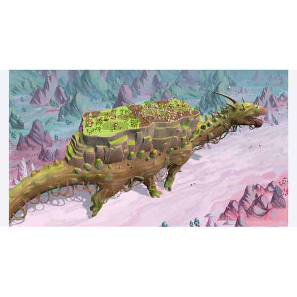 Wandering Village creature with a massive, floating island on its back, set in a vibrant, fantasy wo.