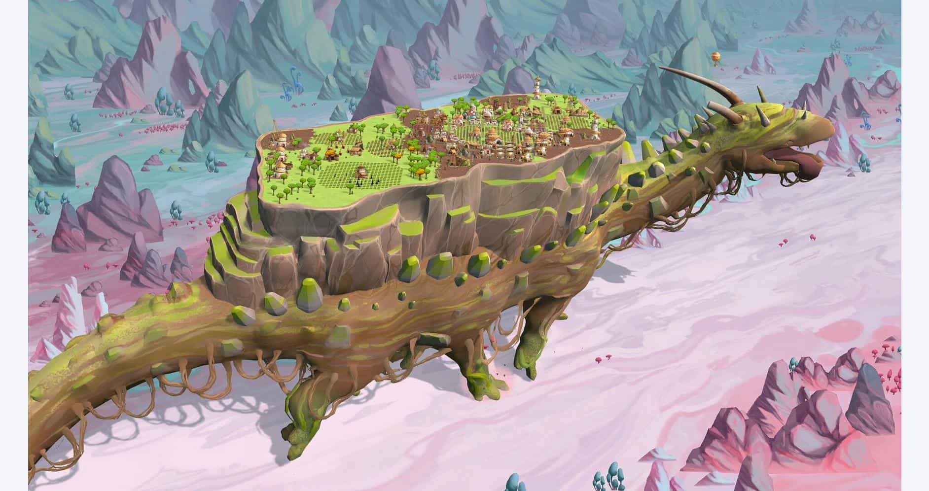 Wandering Village creature with a massive, floating island on its back, set in a vibrant, fantasy wo.