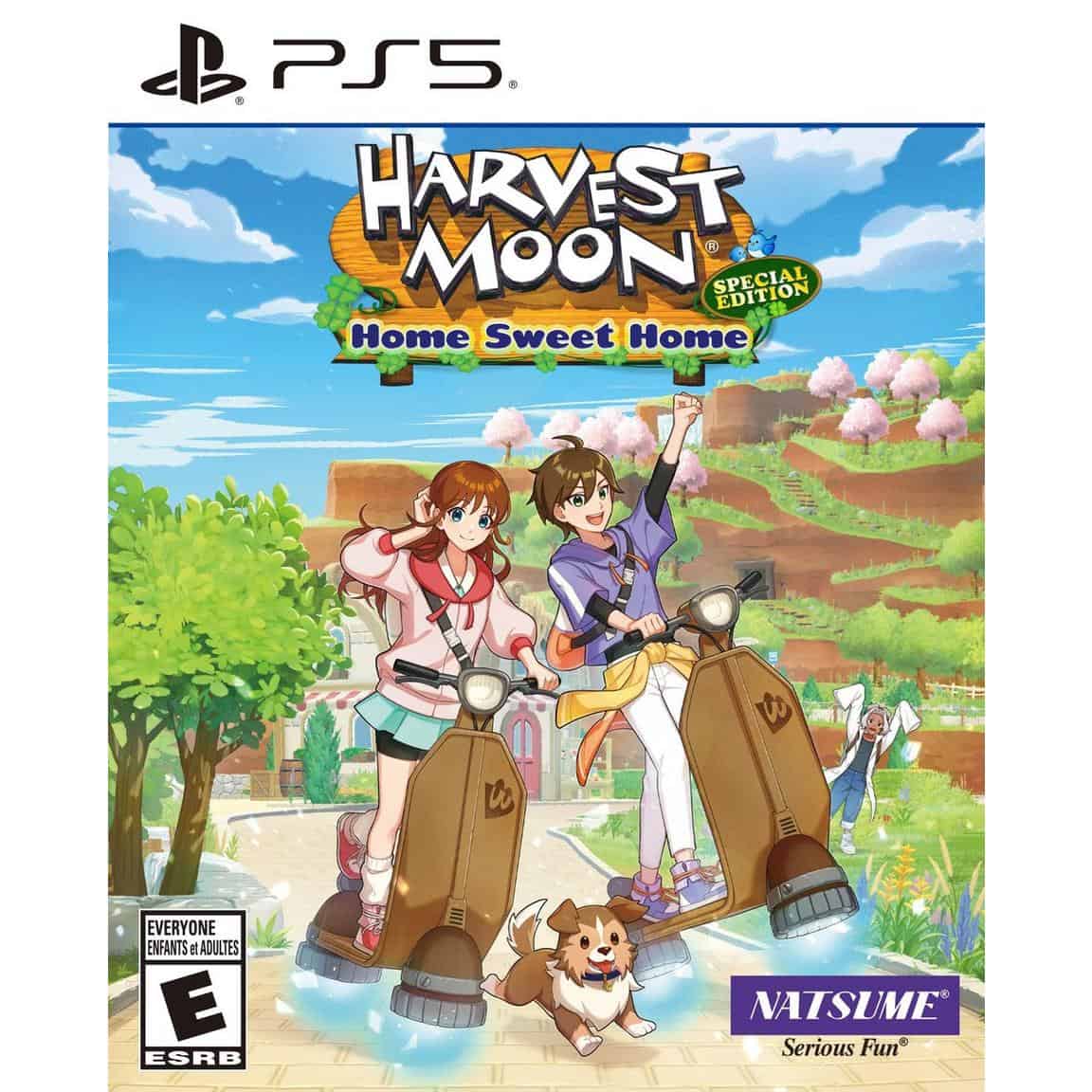 Harvest Moon game cover with characters riding scooters in a colorful farm setting.