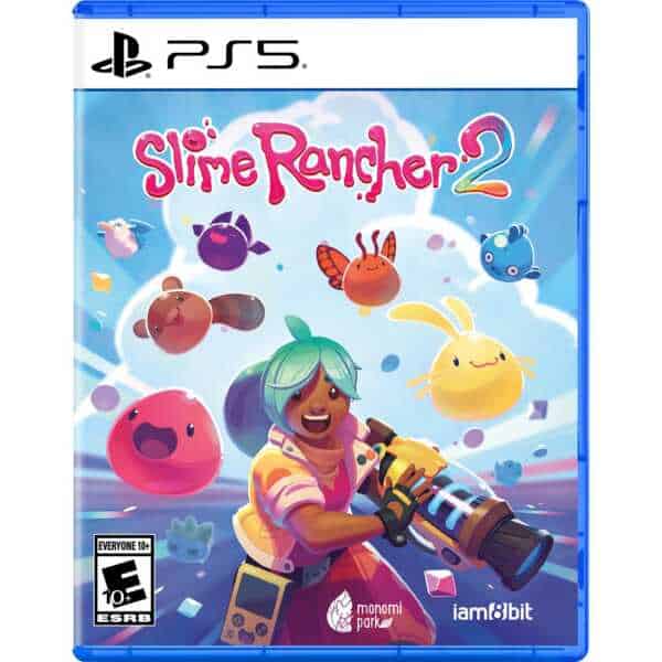 Slime Rancher 2 PS5 game cover with colorful slimes and a character holding a slime gun.