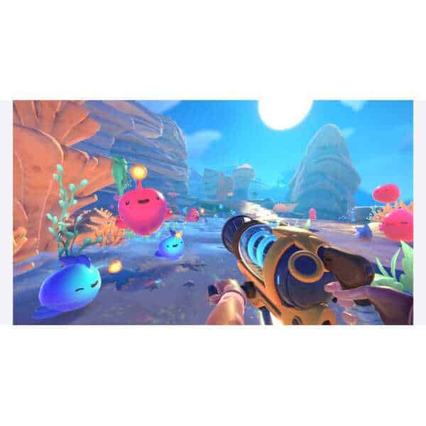 Colorful Slime Rancher 2 gameplay with vibrant slimes and lush landscape.
