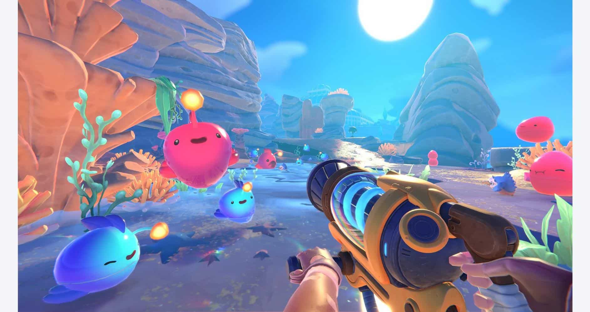 Colorful Slime Rancher 2 gameplay with vibrant slimes and lush landscape.