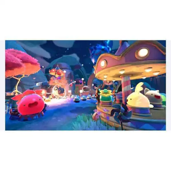 Vibrant Slime Rancher 2 amusement park scene featuring colorful slimes and whimsical rides at night.