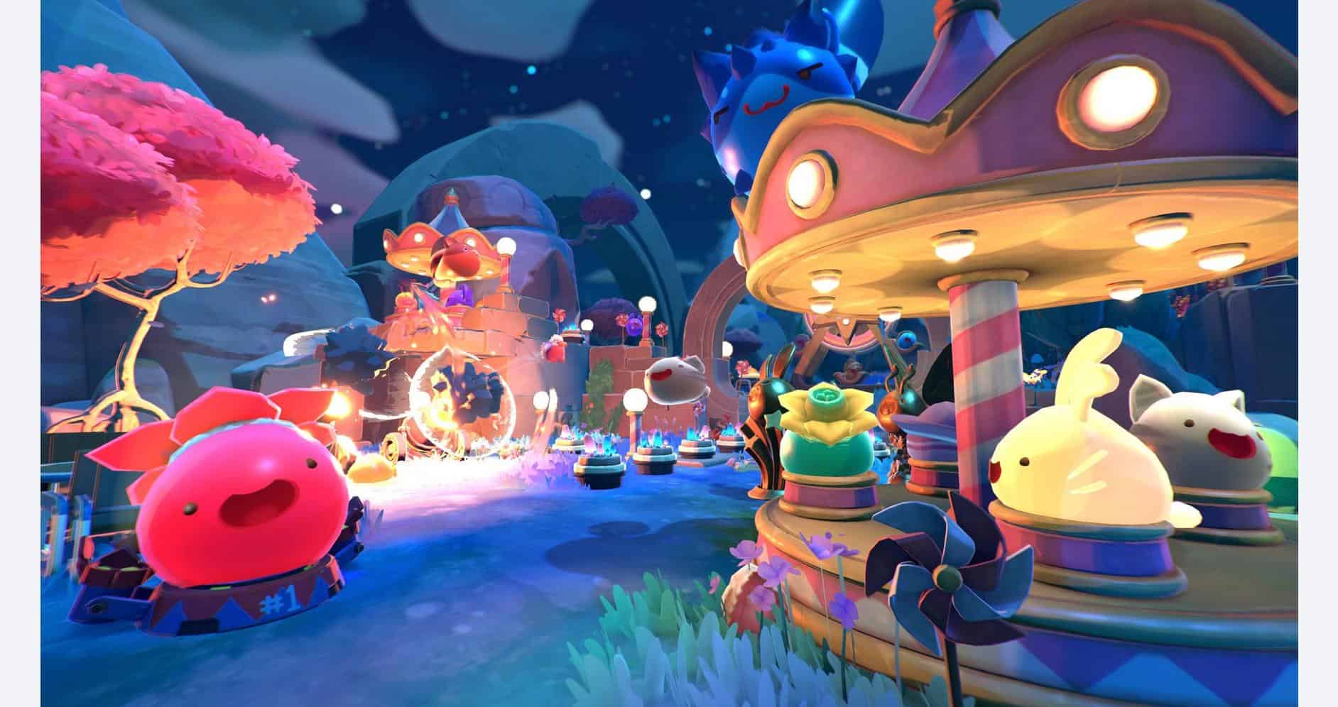 Vibrant Slime Rancher 2 amusement park scene featuring colorful slimes and whimsical rides at night.