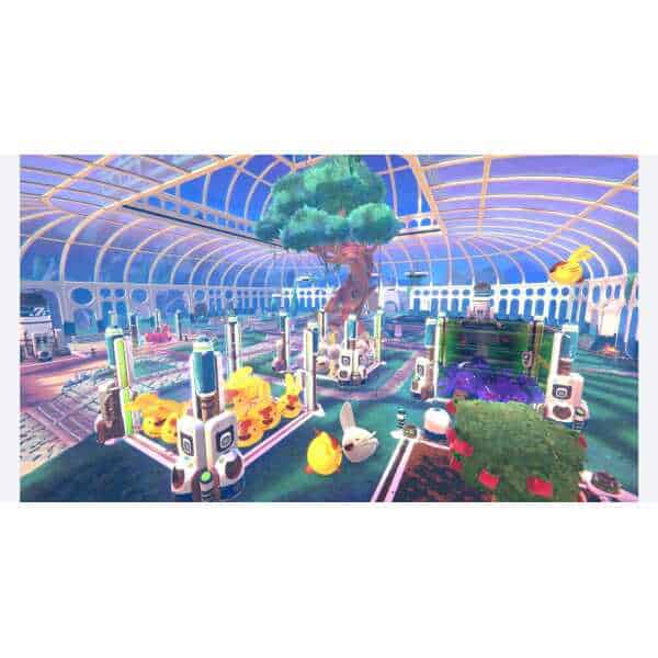 Colorful Slime Rancher 2 indoor farm with various slimes and lush trees.