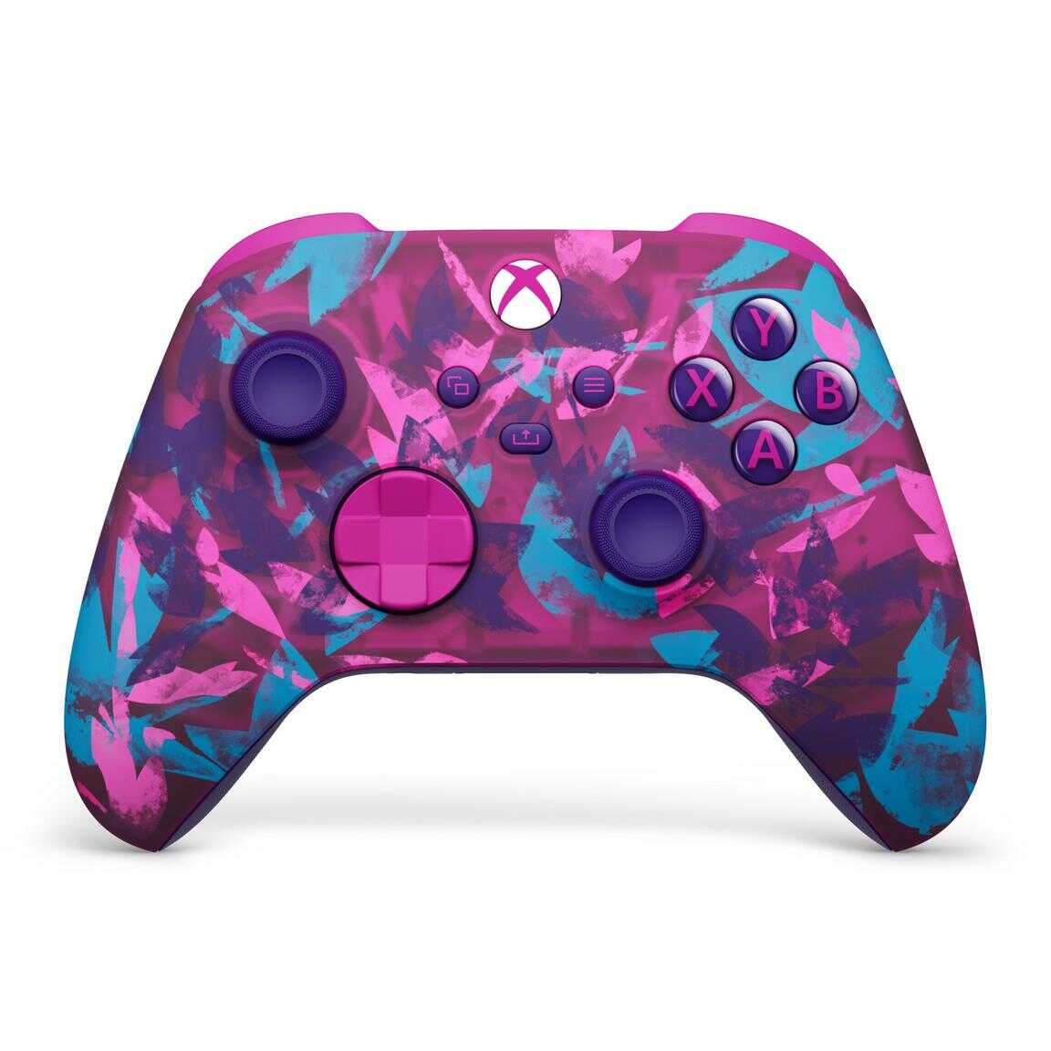 Colorful Xbox Series X wireless controller with pink, purple, and blue splatter design.