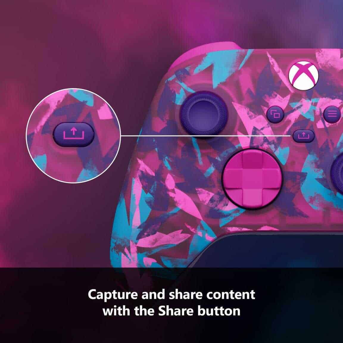 Colorful Xbox Series X wireless controller with Share button for gaming.