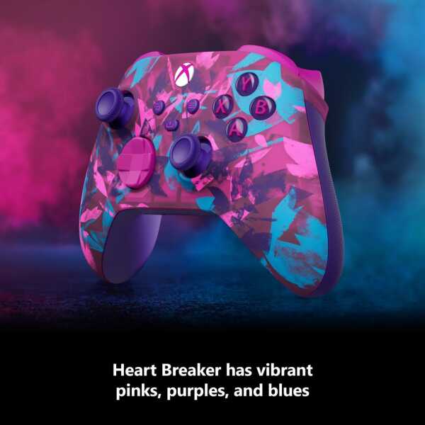 Colorful gaming controller with pink, purple, and blue accents for Xbox Series X.