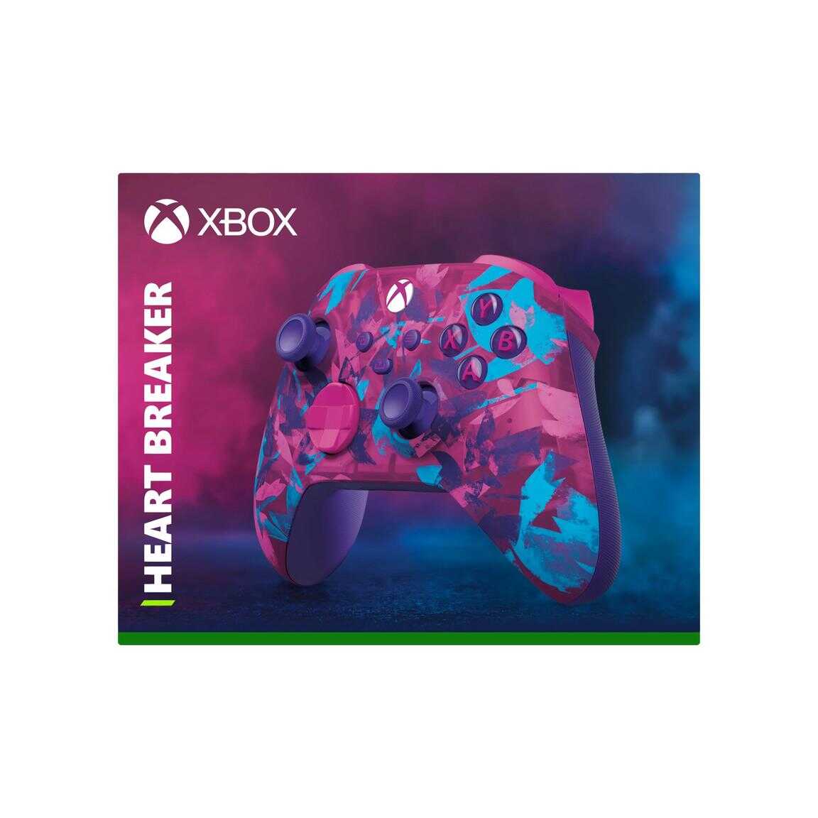 Xbox Series X wireless controller with Heart Breaker design in pink and blue.
