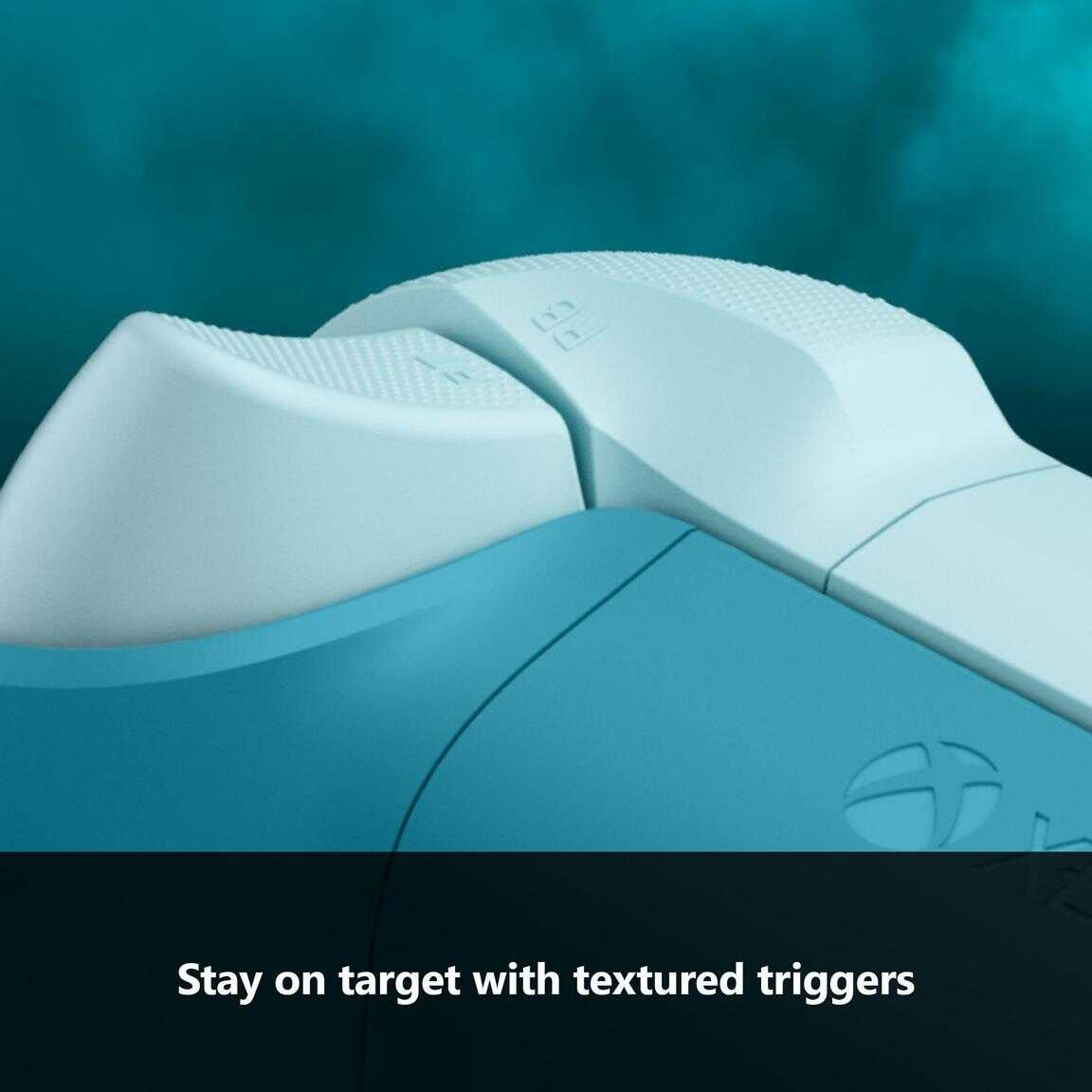 Close-up of Xbox Series X wireless controller with textured triggers.