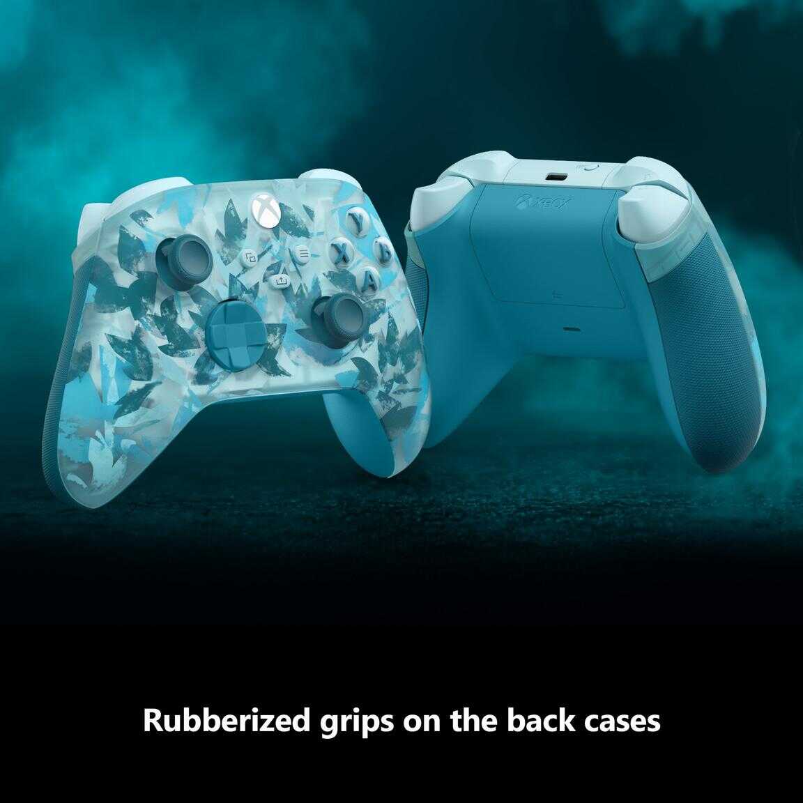 Xbox Series X wireless controller with ice-themed design and rubberized grips.