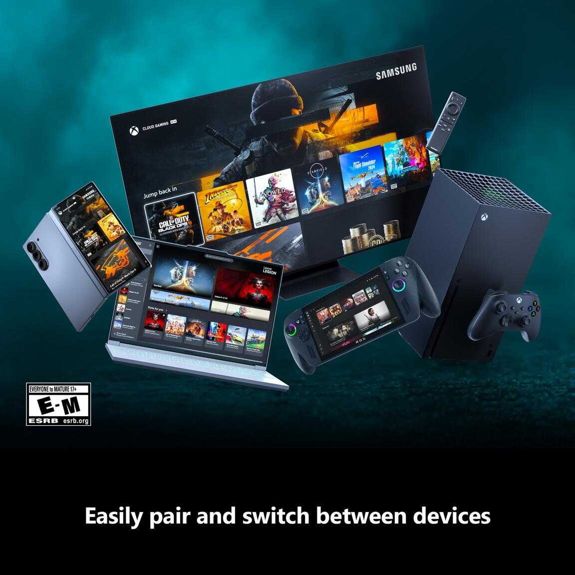 Gaming setup with Xbox Series X, controllers, and accessories for seamless device switching.