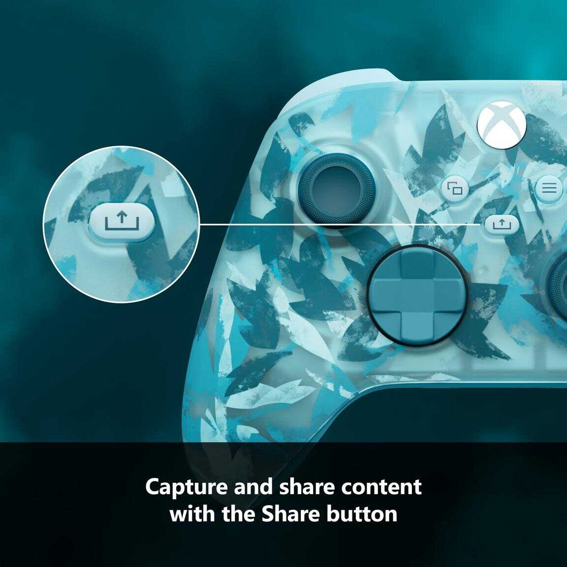 Xbox Series X wireless controller with ice-themed design and Share button.