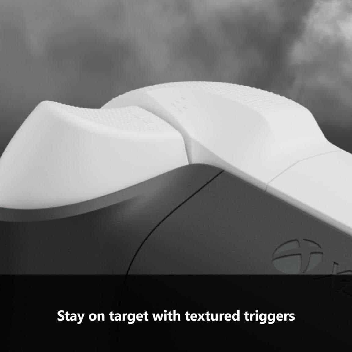 Close-up of Xbox Series X Storm Breaker wireless controller textured triggers.