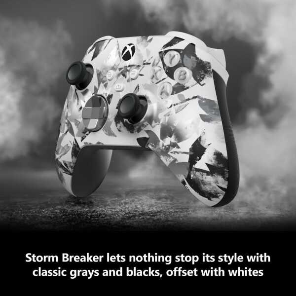 Storm Breaker Xbox controller with gray, black, and white design for gaming.