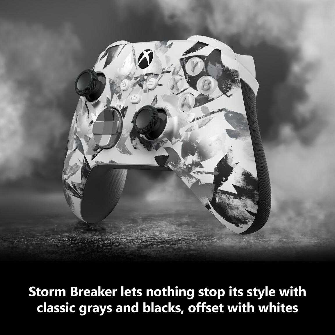 Storm Breaker Xbox controller with gray, black, and white design for gaming.
