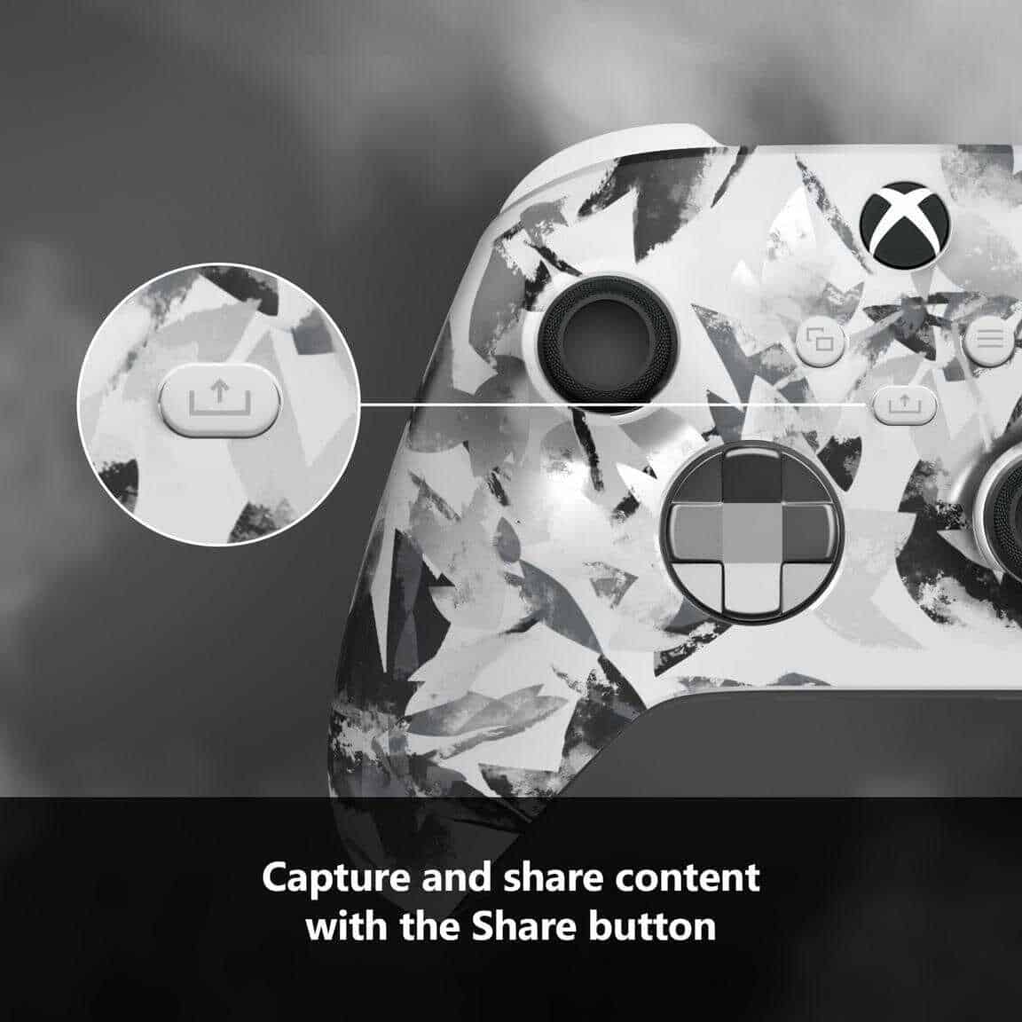 Close-up of Xbox Series X Storm Breaker controller with Share button highlighted.