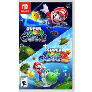 Super Mario Galaxy and Galaxy 2 Nintendo Switch game cover with Mario, Yoshi, and colorful planets.