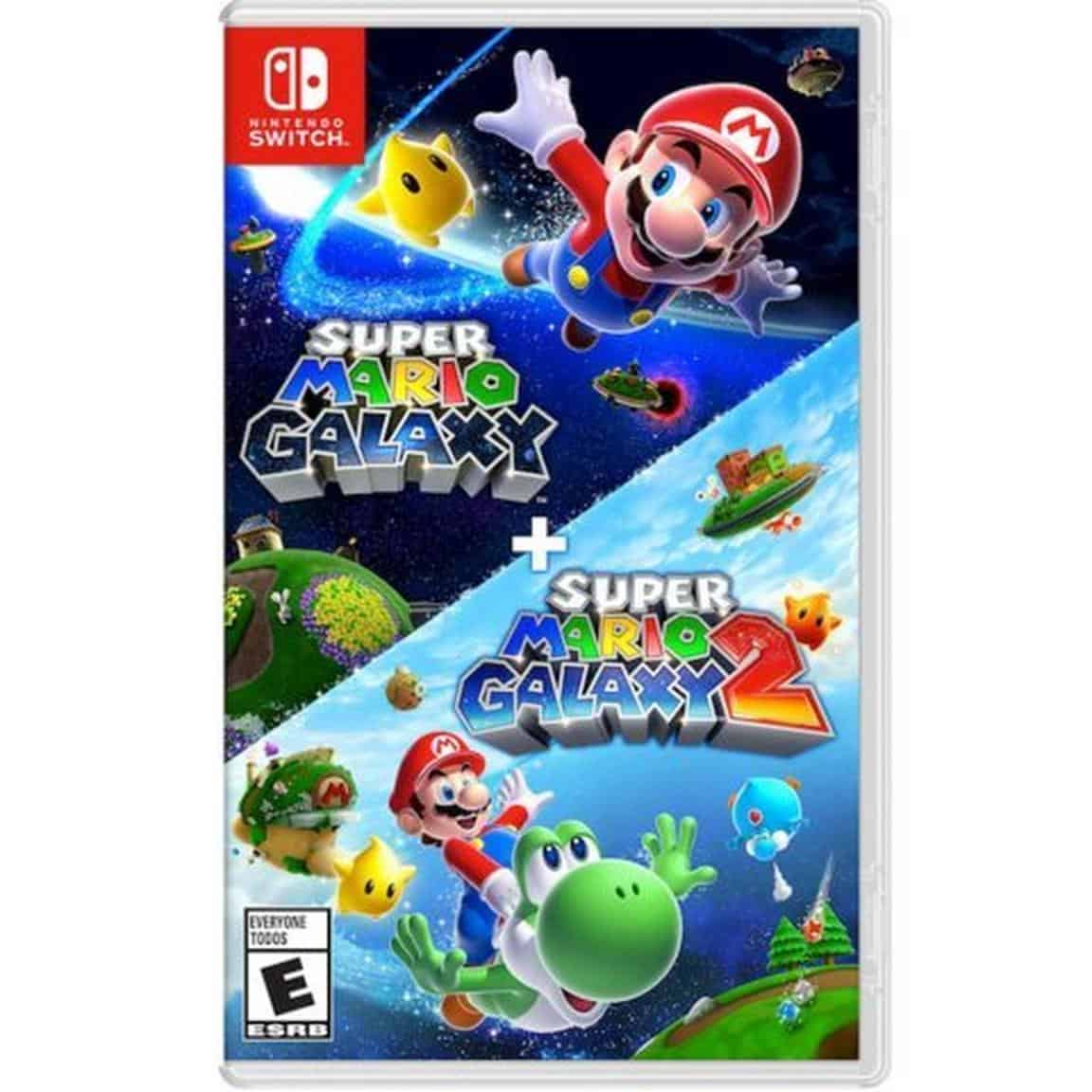 Super Mario Galaxy and Galaxy 2 Nintendo Switch game cover with Mario, Yoshi, and colorful planets.